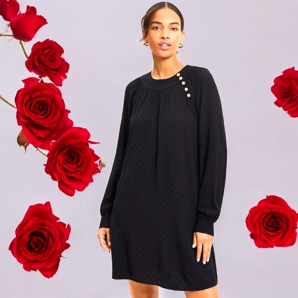 LOFT Black Long Sleeve Dress with Gold Button Accents